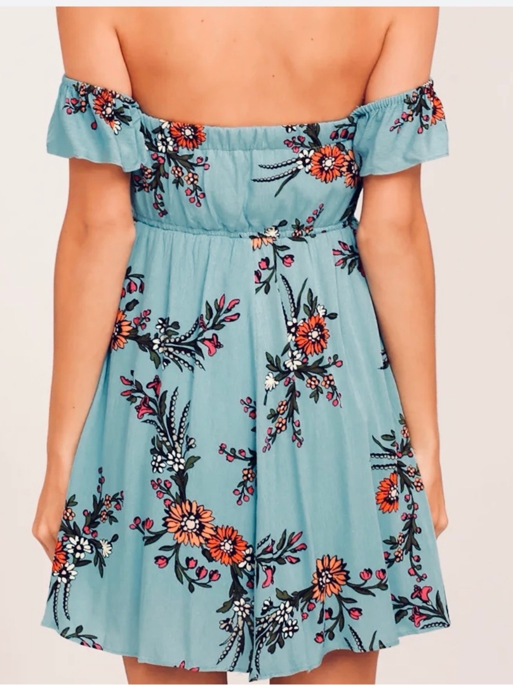 Lulus Off-Shoulder Floral Mini Dress in Teal Sz S - Picture 4 of 12
